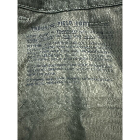Vintage WWII Military Field Trousers 32x32 Metal Buttons Cotton OD Distressed - Picture 11 of 15